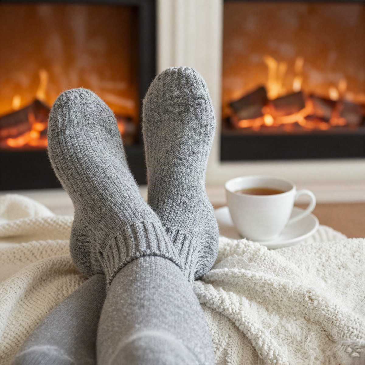 Chaussettes chaudes grises épaisses devant une cheminée