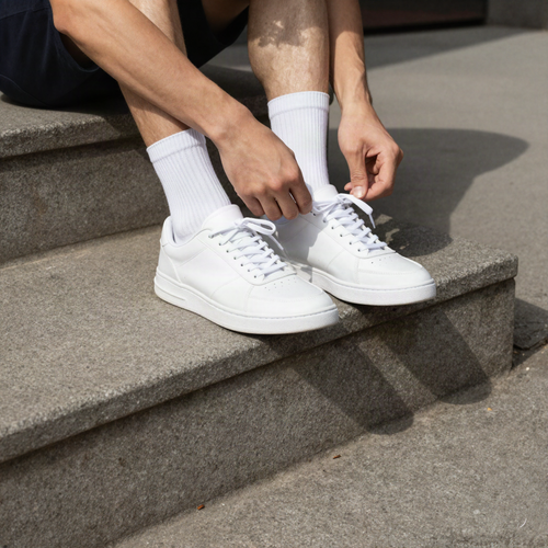 Homme nouant ses baskets blanches avec des chaussettes basses blanches
