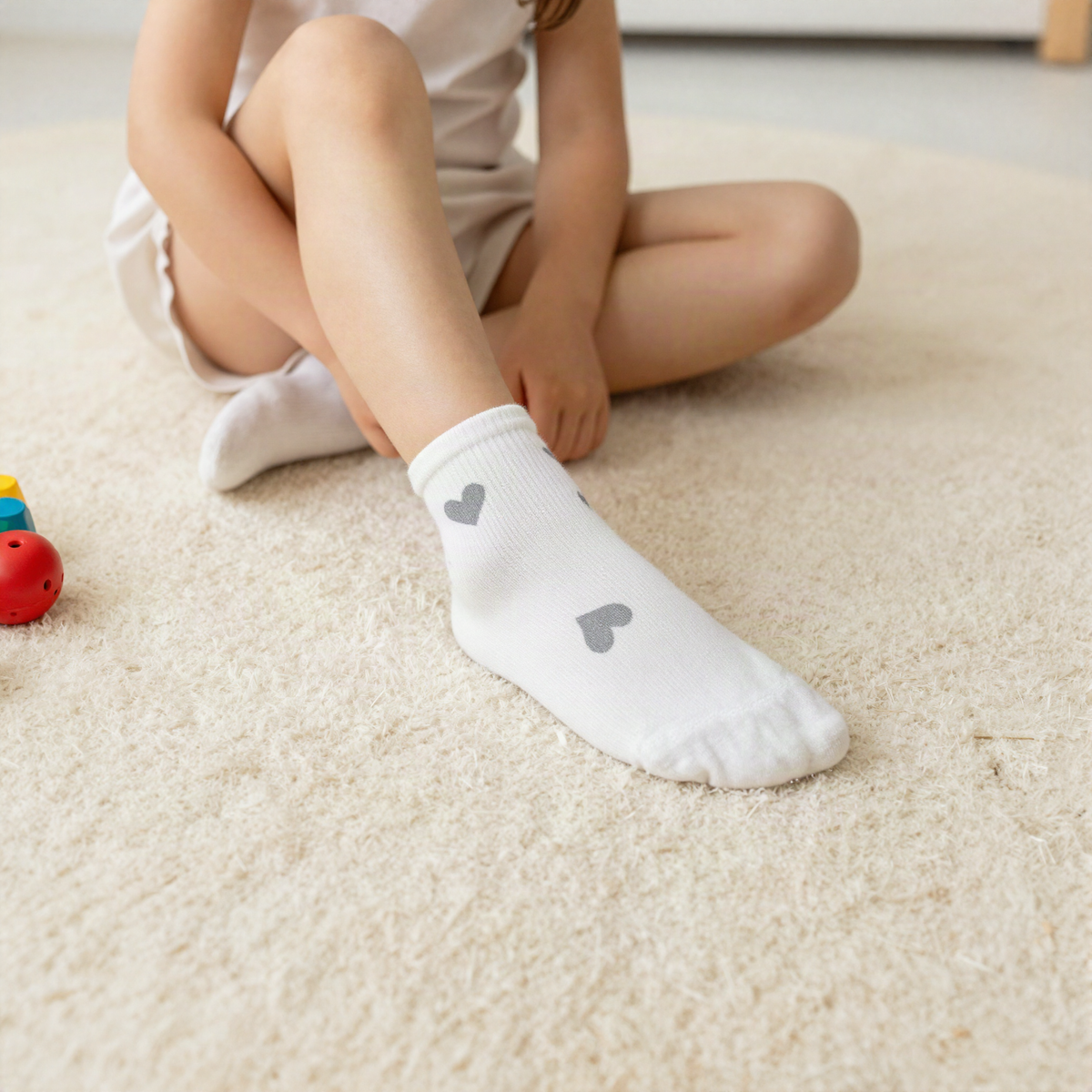 Fillette assise sur un tapis avec chaussettes blanches à coeurs gris