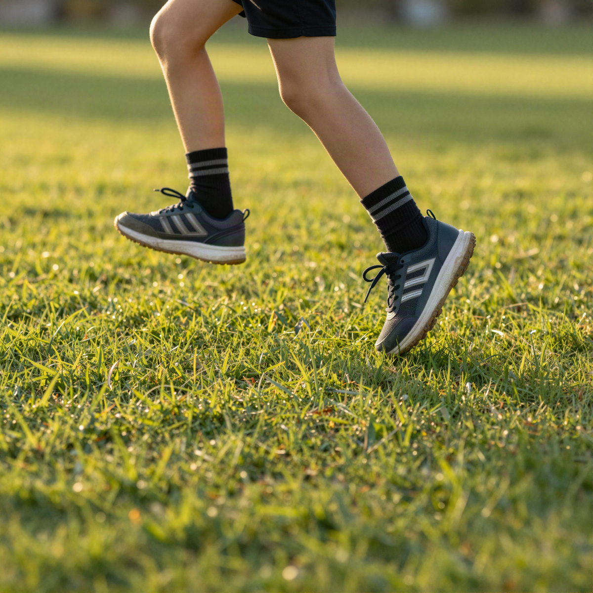 Garçon courant sur l'herbe avec chaussettes noires à rayures grises